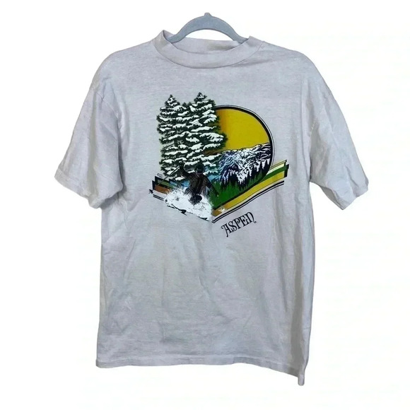 Aspen Hanes beefy tshirt single stitch 1982 80s skiing mountain graphic shirt - Picture 1 of 6